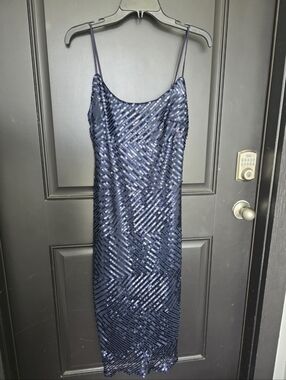 Bebe Sequin Dress Size 6 Navy Blue Midi Slip Spaghetti Strap Bodycon Party USA